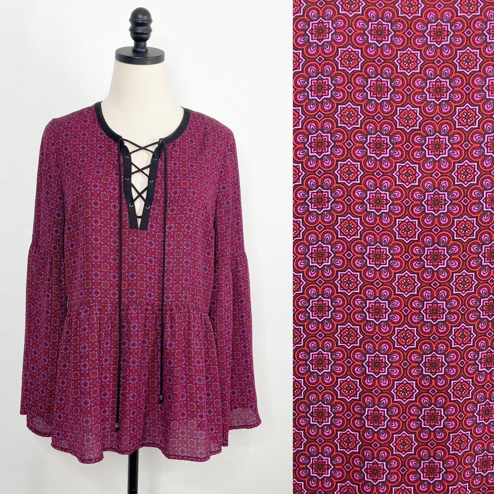 Daniel Rainn Lace Up Peasant Blouse Burgundy Bell Sleeve Boho Work Size S